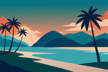 Obraz premium Stylized tropical beach landscape with palm trees and mountains at sunset with vibrant colors