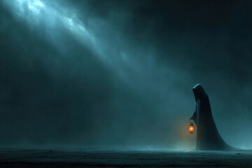 Grim reaper reaching from darkness with copy space