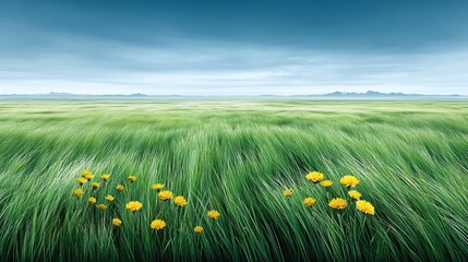 Lush field of green grass with yellow flowers under a cloudy sky