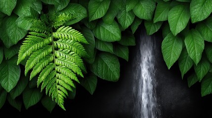 Lush ferns and waterfall cascading
