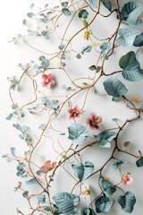 Background with elegant branches of plants and floweers in pastel colors.