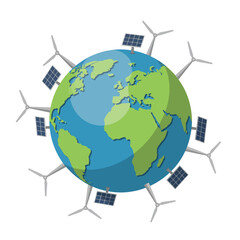 Naklejka premium Sustainable Earth Powered by Solar Panels and Windmills