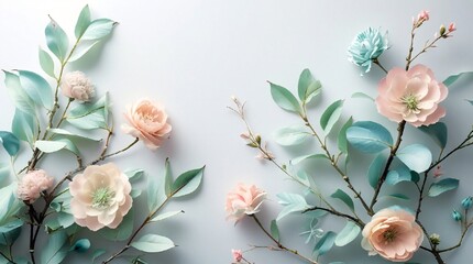 Background with elegant branches of plants and floweers in pastel colors.