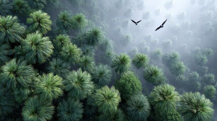 Lush tropical forest from above, misty, birds flying