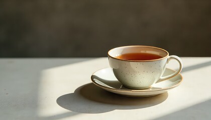 A cup of tea on a saucer sitting on a white surface with a grey background and sunlight shining