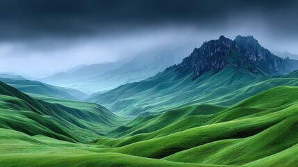 Lush valley amidst misty mountains