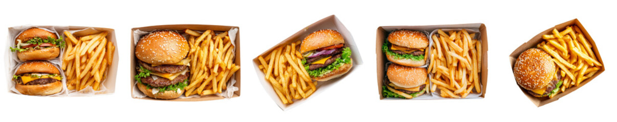 Burgers and french fries in takeaway boxes isolated on transparent background