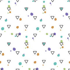 Playful geometric pattern featuring scattered colorful dots and outlined triangles creating a fun and modern abstract design for backgrounds and textiles.