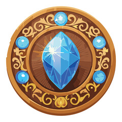 An exquisite circular wooden emblem featuring a large blue gem and an elaborate golden filigree pattern
