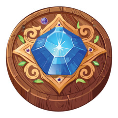 A circular wooden plaque with a striking diamond-cut blue gem and golden ornamental accents