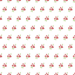 Charming red floral pattern with green leaves on a white background, perfect for textiles and scrapbooking