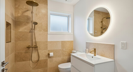 Modern bathroom featuring elegant shower with rainfall fixture, sleek vanity with round mirror, and natural light illuminating warm tile textures, creating a serene atmosphere