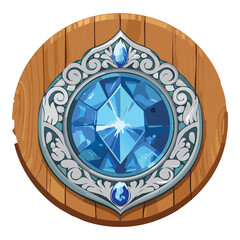 A lighter wooden emblem featuring a magnificent blue gem and a beautiful metallic circular border with rivet details