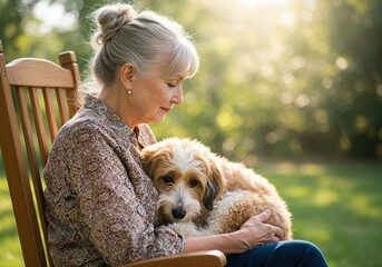 elderly woman enjoying tranquil afternoon with fluffy dog on wooden chair in sunlit garden