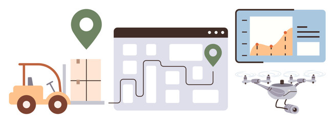 Forklift moving packages, route planning on map, and analytics dashboard. Quadcopter for delivery automation. Ideal for logistics, supply chain, transportation, data analysis, automation planning