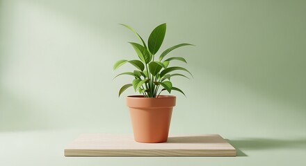 Obraz premium A small potted plant with vibrant green leaves sits on a light wood shelf against a pastel green wall, providing ample copy space; a simple, minimalist flat lay image.