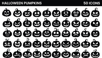 Set of Halloween pumpkins with a carved out scary faces. Vector illustration.
