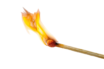 A burning matchstick against a black background.  Bright flame, orange and yellow, extends from the head of a wooden matchstick.  Distinctive, unevenly shaped flames