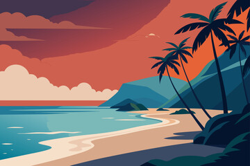 Obraz premium Stylized tropical beach scene with palm trees and mountains at sunset with vibrant orange sky and calm blue water