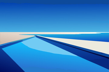 Abstract geometric landscape with a bright blue sky and a shimmering blue swimming pool leading towards the horizon