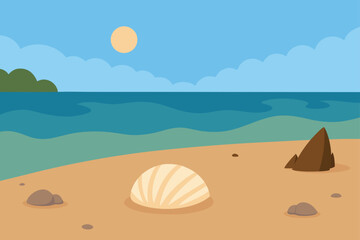 Obraz premium Flat design illustration of a serene beach scene with a seashell and rocks under a sunny sky