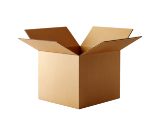 Isolated cardboard box with open flaps against transparent background for packaging mockups and