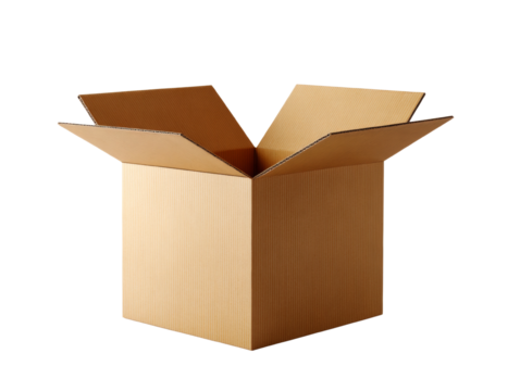 Isolated cardboard box with open flaps against transparent background for packaging mockups and