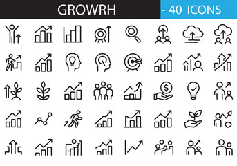Growth Icon Set – 30 Minimal Line Vectors Representing Business Expansion, Financial Success, Personal Development, Data Analysis, and Goal Achievement – Ideal for Web, App, and Presentation Use
