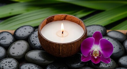 Relaxation concept. Coconut candle, orchid, and black stones for a spa or wellness retreat. Perfect for mental health resources, massage therapy promotions, mindfulness.