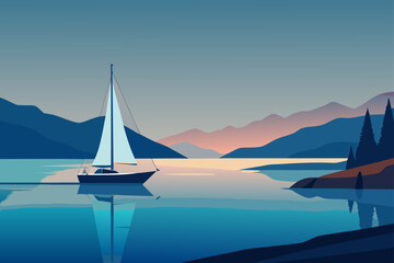 Naklejka premium Serene sailboat glides across a calm lake reflecting mountains and a colorful sunset sky