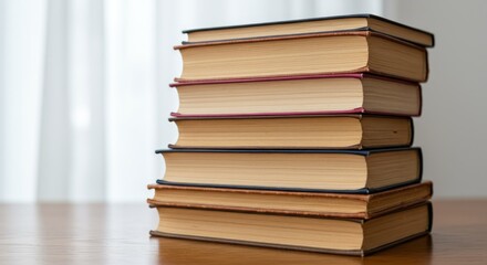 Stack of books on wooden table