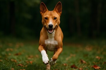 Basenji Dog Running Toward Camera on Grass with Autumn Leaves and Upright Ears in Outdoor Setting