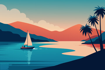 Naklejka premium Serene tropical landscape with a sailboat on calm blue water and palm trees against a colorful sunset sky