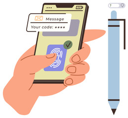 Hand with smartphone scanning fingerprint, receiving verification code pop-up. Blue pen beside. Ideal for security, authentication, password, digital access, technology privacy themes. Simple flat