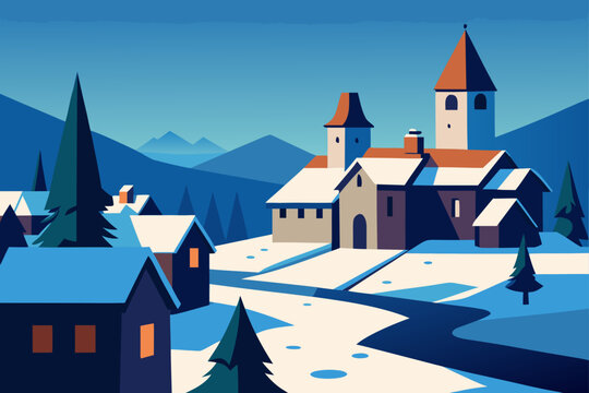 Stylized flat illustration of a charming snow covered village with a prominent church and surrounding mountains under a clear blue sky
