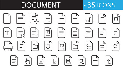 Minimalist Document Icon Set – 30 Line Art Symbols for Files, Reports, Uploads, Downloads, Analytics, ID Cards, Attachments, and Settings – Scalable Vector Pack for Commercial Use