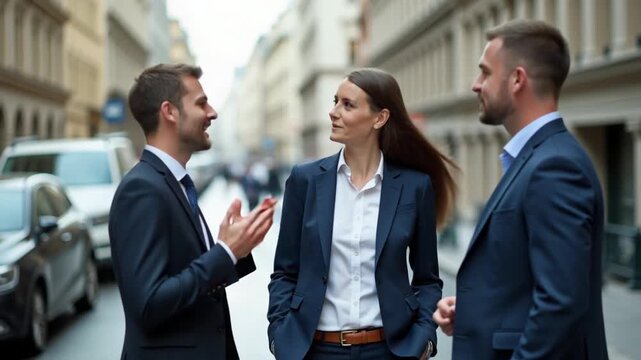 Business Colleagues Chatting Together In The City Having A Conversation