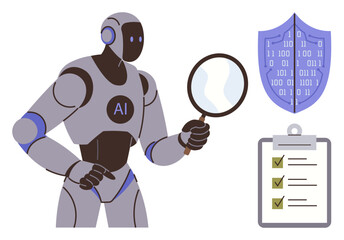Robot labeled AI holding a magnifying glass, clipboard with checkmarks, shield with binary code. Ideal for automation, cybersecurity, analysis, compliance, technology, data protection future