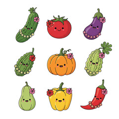 A charming set of adorable kawaii vegetable characters wearing hibiscus flowers and leis, isolated on a white background