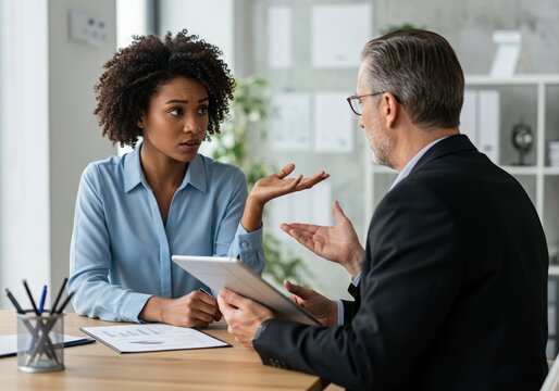 Businesswoman arguing with businessman during a difficult meeting in the office