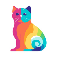 Whimsical cat rendered in vibrant colorful abstract style with swirling patterns and playful colors