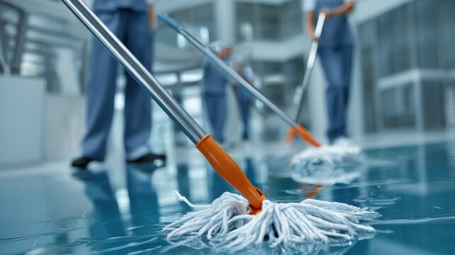 Low angle view of a white string mop head on a wet reflective blue floor Cleaning staff in blue uniforms are working