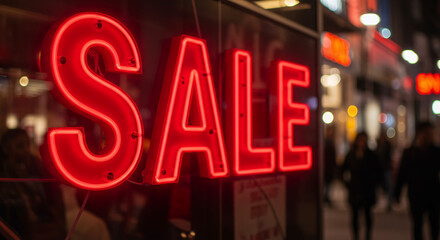 Bright red neon sale sign glowing in city street at night  