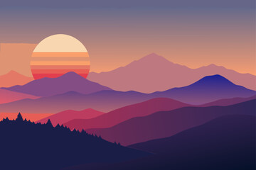 Obraz premium Stylized minimalist landscape with layered mountains and a large sun setting behind peaks at dusk