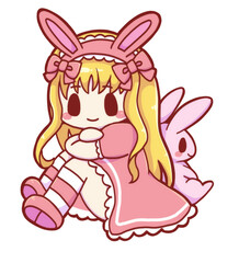Hand-drawn Pink Lolita Bunny Girl with Rabbit - Cute Chibi Illustration