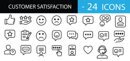 Minimalist Customer Satisfaction Icon Set – 30 Line Art Symbols for Feedback, Ratings, Reviews, Support, Emotions, and User Experience – Scalable Vector Pack for Commercial Use