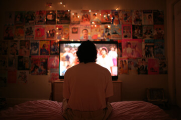 Obraz premium A teenage boy with dark hair sits on a bed, gazing at a colorful TV screen in a cozy bedroom adorned with posters and fairy lights