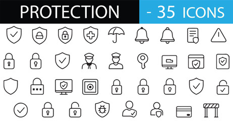 Minimalist Protection Icon Set – 30 Line Art Symbols for Security, Safety, Privacy, Cyber Defense, Biometrics, Emergency, and Risk Management – Scalable Vector Pack for Commercial Use
