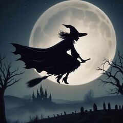 Fototapeta premium Witch on a Broom: Halloween Moonlit Night