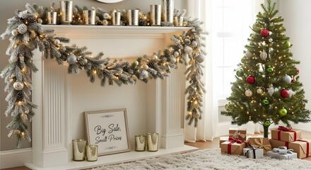 Christmas tree and fireplace decorated for the holidays